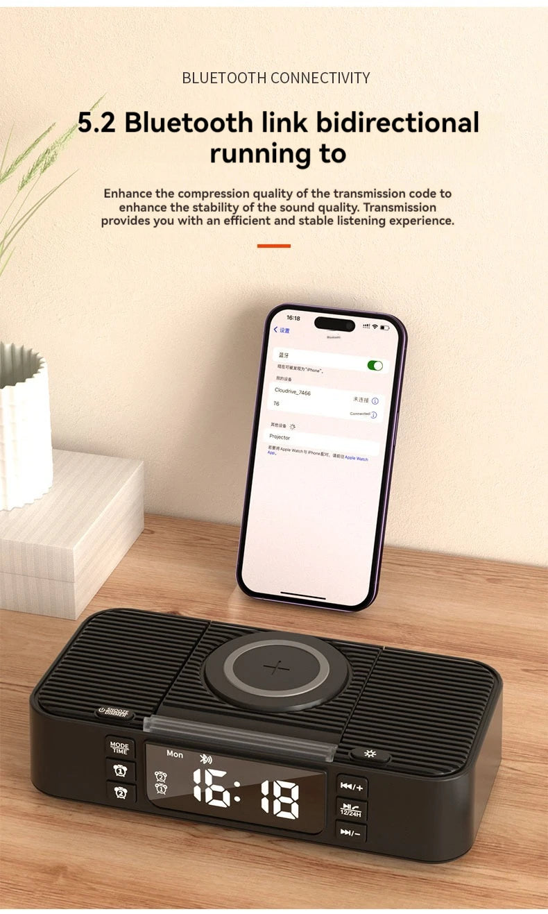 Enceinte Bluetooth portable avec chargement sans fil, lumière d'ambiance, fonction réveil, double haut-parleur, chargement USB