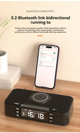 Enceinte Bluetooth portable avec chargement sans fil, lumière d'ambiance, fonction réveil, double haut-parleur, chargement USB