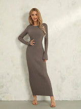 Women Spring Autumn Lace-up Knit Dress Elegant Long Sleeve Crew Neck Ribbed Solid Color Long Dress Streetwear - Lootquake
