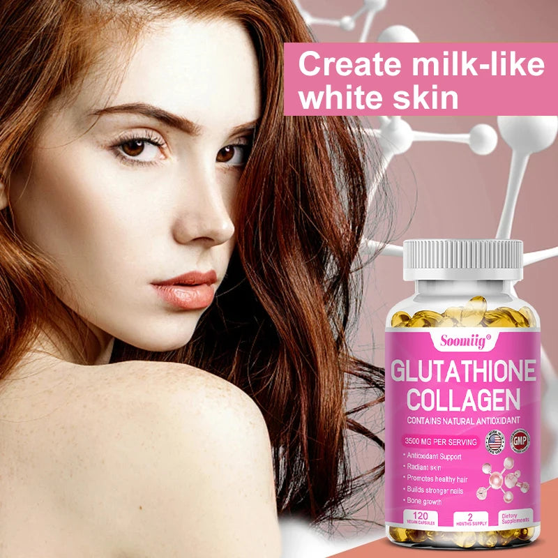Cápsulas de colágeno con glutatión: aclaran la piel y previenen el envejecimiento. Favorecen la salud del cabello, la piel y las uñas. Sin OMG. Suplemento de glutatión.