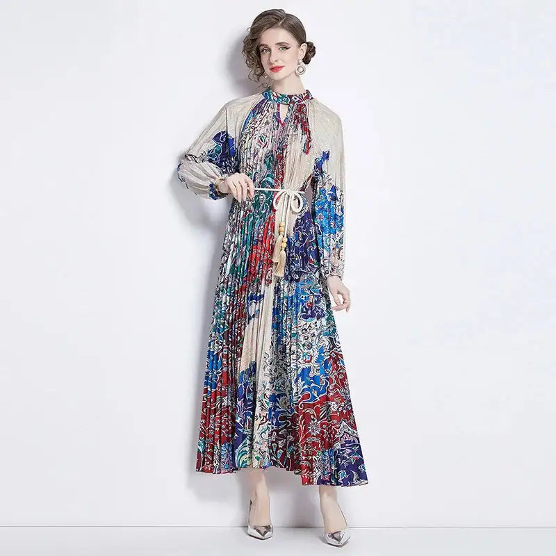 Spring Holiday Print Long Dress For Women Fashion Loose Lantern Sleeve Party Robe Female Big Swing Tassels Belt Pleated Clothes