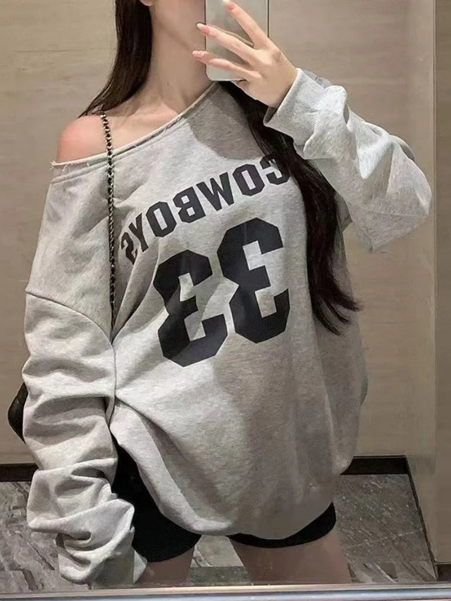 Autumn New America Retro Spice Girl Clothing Women Y2 Oblique Shoulder Long Sleeves T-shirt Female Loose Oversize Lazy Style Top - Lootquake