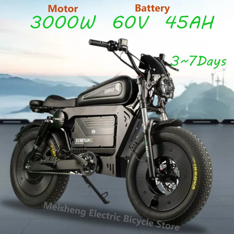 Bicicleta eléctrica de carretera Ebik Black Warrior de 3000 W, 60 V, 45 Ah, para adultos, todoterreno de 20 pulgadas, con neumáticos anchos, 2000 W.