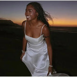 Women's Solid Sexy Satin Lace Up Backless Long Dress Elegant High Waist Square Neck Slim Sling Dresses 2025 Female Beach Robes - Lootquake