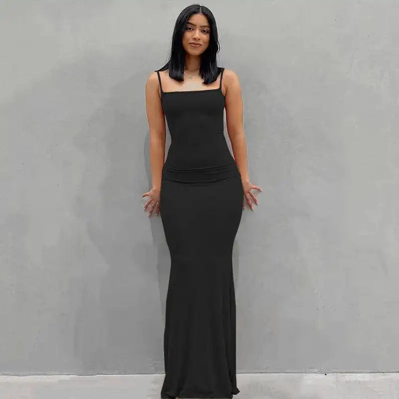 Vestidos para mujer 2023 Sexy tirantes finos negro vestido largo noche Y2k sin mangas sólido ajustado ceñido maxi vestidos