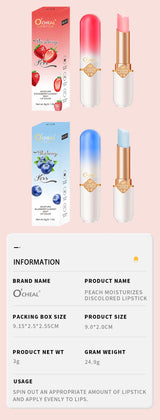 O'CHEAL Color Fruit Lipstick Peach Temperature Changing Lip balm Moisturizing Waterproof Long Lasting Moisturizes Lip Balm
