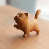 Cat Ornament Hand-carved Wooden Cat Statue Cute Tiny Cat Sculpture Cartoon Exquisite Animal Figurine Home