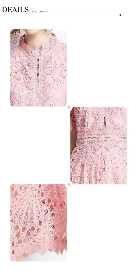SMTHMA Vintage High-End O-Neck Short Sleeve Lace Hollow Out Dress For Women's Summer Slim Elegant Long Dress Female Clothing - Lootquake