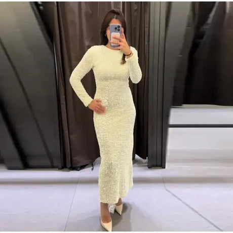 Sequined Party Dresses For Women Removable Sleeve O-neck Slim Long Dress Female 2025 Elegant White Lady Sexy Evening Vestidos - Lootquake