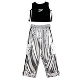 Girls Jazz Dance Hip Hop Outfit Child Model Catwalk Stage Dance Show Costume Black Navel Top White Trousers - Lootquake