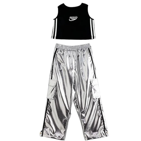 Girls Jazz Dance Hip Hop Outfit Child Model Catwalk Stage Dance Show Costume Black Navel Top White Trousers - Lootquake