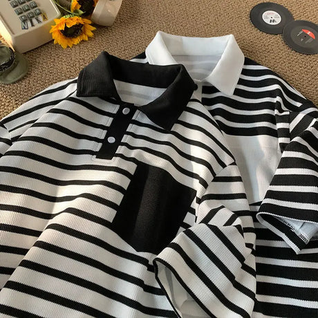 Summer trend men and women hip-hop personality waffle stripes POLO short sleeved couple loose vintage casual T-shirt top y2k - Lootquake