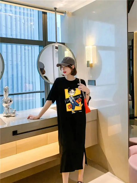 Harajuku Graphic White Long Dress Woman Clothing Y2k Casual Short Sleeve O-Neck Korean Fashion Summer Womens Loose Dresses 2024 - Lootquake
