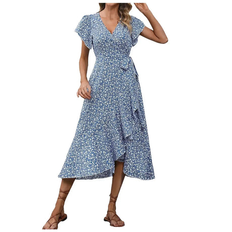 Women's Flowy Split Midi Floral Wrap Dress Summer Irregular High Waist Boho Long Dress A-Line V-Neck Holiday Beach Sundress - Lootquake
