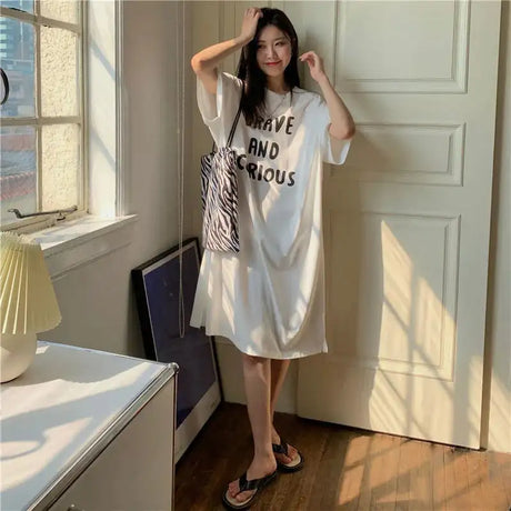 Harajuku Graphic White Long Dress Woman Clothing Y2k Casual Short Sleeve O-Neck Korean Fashion Summer Womens Loose Dresses 2024 - Lootquake