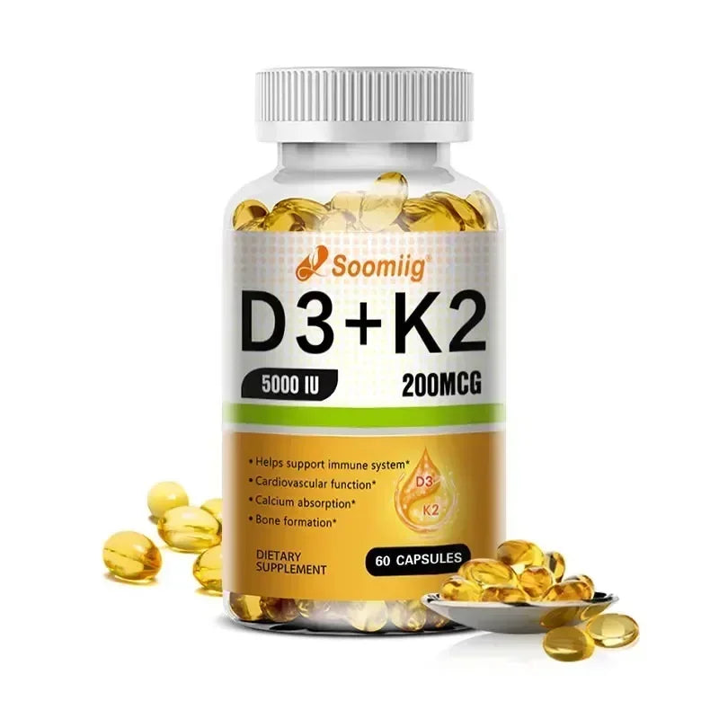 Cápsulas de vitamina D3 (5000 UI) y 200 mcg de vitamina K2 (MK-7) para la absorción de calcio, la regeneración ósea y el refuerzo inmunitario. Fáciles de disolver.