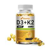 Cápsulas de vitamina D3 (5000 UI) y 200 mcg de vitamina K2 (MK-7) para la absorción de calcio, la regeneración ósea y el refuerzo inmunitario. Fáciles de disolver.
