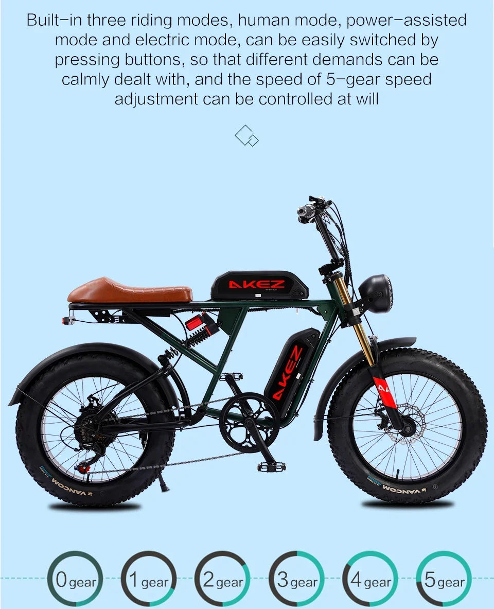 Bicicleta eléctrica retro de 1500 W, 48 V, 36 Ah, 20 x 4 pulgadas, neumáticos anchos, para montaña y nieve, AKEZ, motocicleta para adultos.