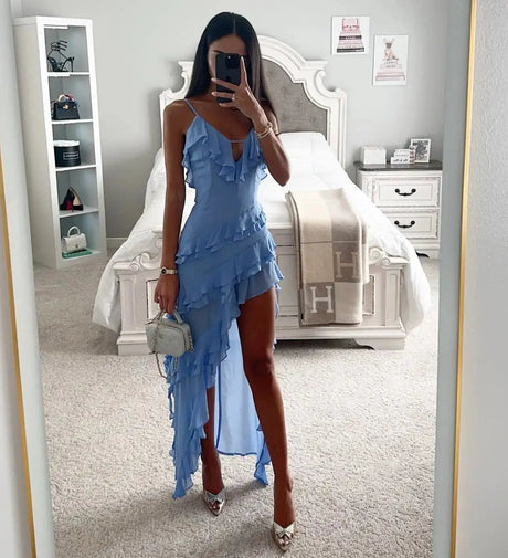 2025 Summer Women Long Dress Blue Solid V-neck Backless Irregular Sexy Slip Dresses Female Fashion Holiday Beach Clothes Ladies - Lootquake