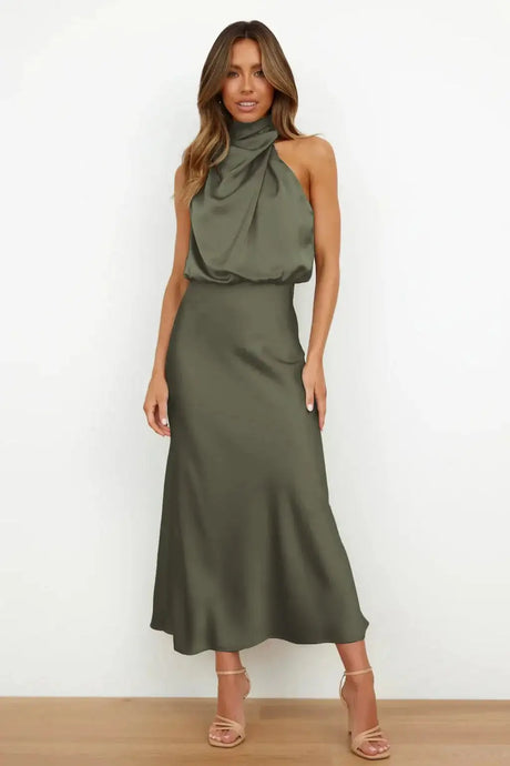 Summer High-End Silk Satin Sleeveless Long Dress Women Fashion Elegant Celebrity Dresses Evening Dress Party Clothes Ladies - Lootquake