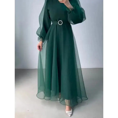 Spring Elegant Mesh Dress Muslim Women Fashion Solid High Waist Mesh Lantern Sleeves Long Dress Women - Lootquake