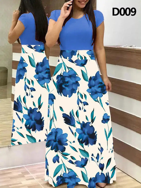 Women Floral Dot Print Patchwork Long Dress Summer Casual Short Sleeve O-Neck High Waist Robe Boho Beach Maxi Sundress Vintage - Lootquake