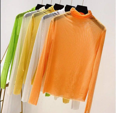 Neon Shirt for Women Long Sleeve Stand Collar Sheer Top Yellow Gold Mesh Blouse Sexy Party Club Streetwear Hip Hop Tee Tops - Lootquake