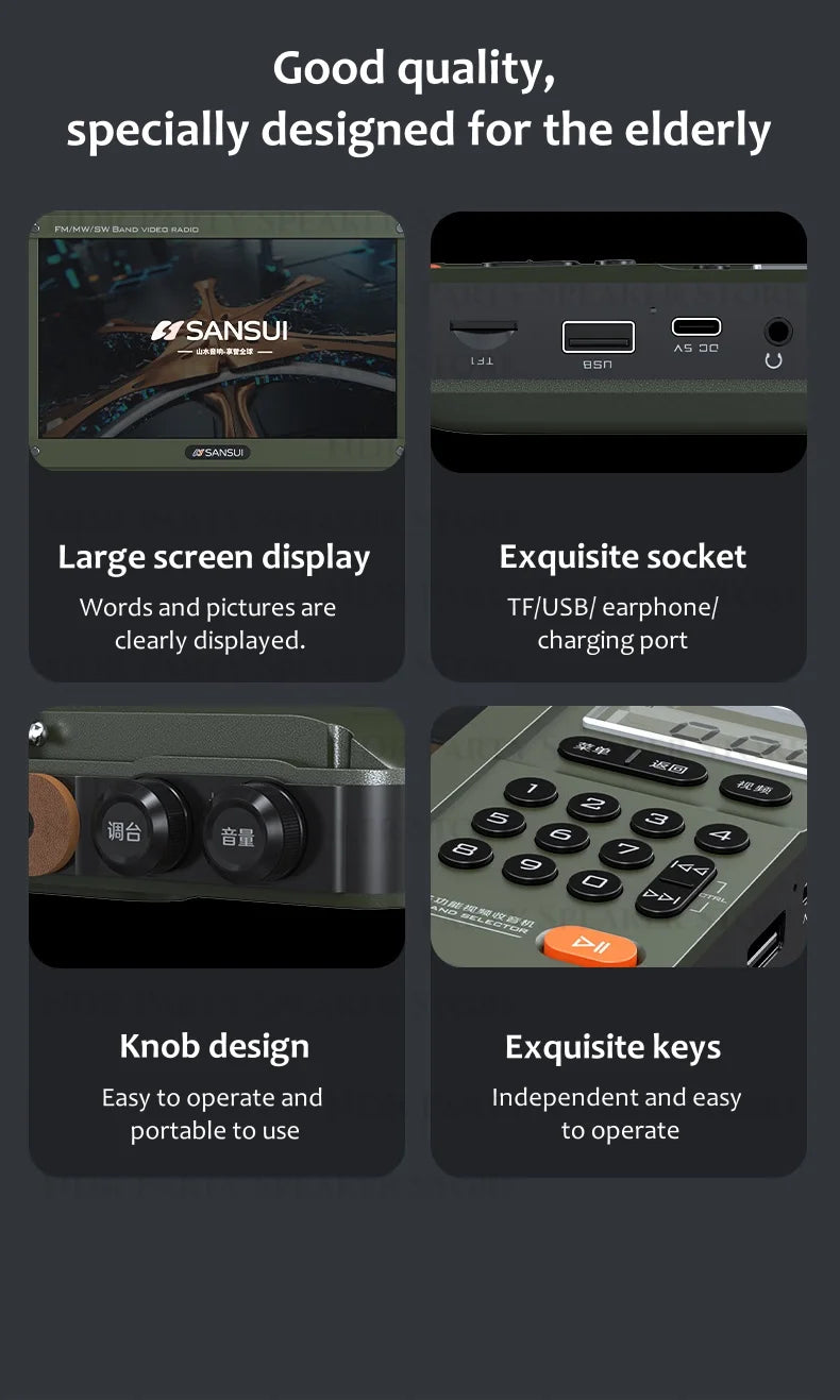 Enceintes Bluetooth sans fil SANSUI, radio pleine bande, lecteur vidéo LED HD, baladeur MP4 portable, batterie rechargeable intégrée