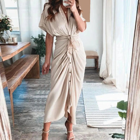 Formal Dresses For Wedding Guest Short Sleeve Long Dress Temperament Commuting High Waist Button Dress vestidos de graduación - Lootquake