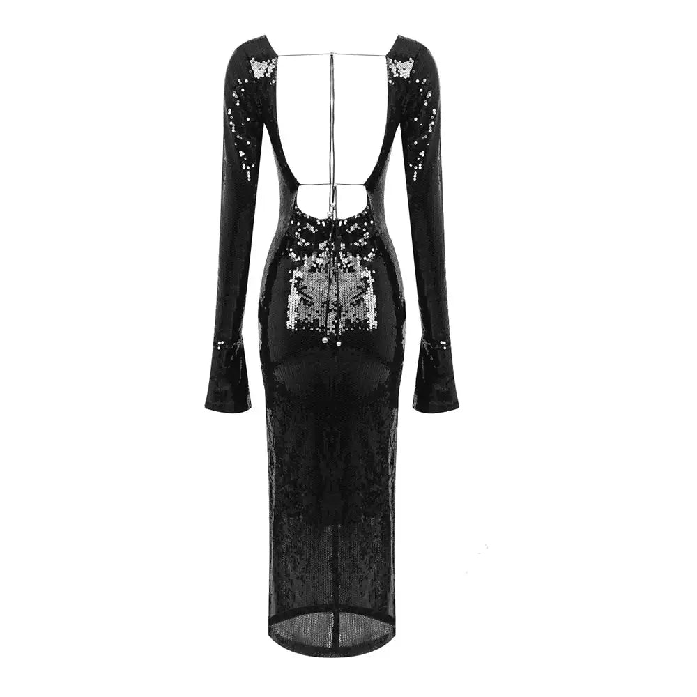 BEVENCCEL Sexy Luxury Sequins Deep V Long Sleeve Backless Sequins Long Dress Elegant  Bodycon Maxi Evening Party Clubwear Dress - Lootquake