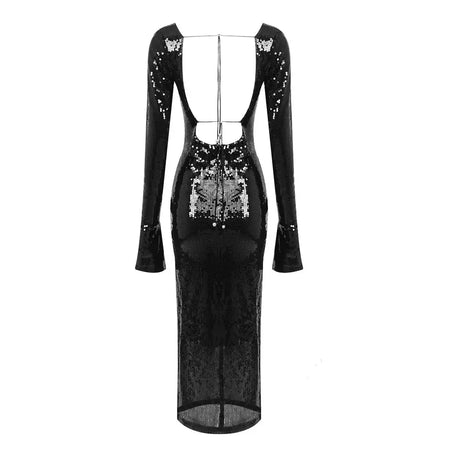 BEVENCCEL Sexy Luxury Sequins Deep V Long Sleeve Backless Sequins Long Dress Elegant  Bodycon Maxi Evening Party Clubwear Dress - Lootquake