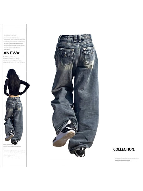 Women's Vintage Baggy Blue Jeans High Waist Denim Trousers Korean 2000s Y2k Harajuku 90s Aesthetic Oversize Pants Trashy Clothes - Lootquake