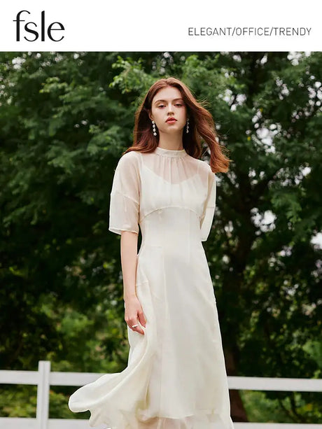 FSLE Women Long Dress Summer Temperament Two Piece Beige Dress Lyocell Short Sleeve Dress+Sleeveless Vest Dress Suit 24FS12929 - Lootquake