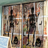 Halloween Window Decorations Halloween Door Curtain Skeleton & Bat Black Lace Panel for Haunted House Decor