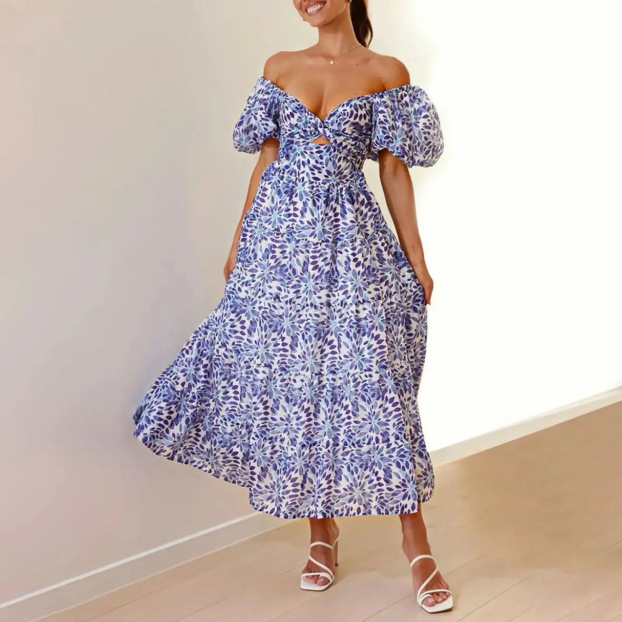 Summer V Neck Cutout Floral Print Dresses Elegant Women Puff Short Sleeve Casual Dress Pleated Waisted Swing Beach Long Dress - Lootquake