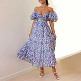 Summer V Neck Cutout Floral Print Dresses Elegant Women Puff Short Sleeve Casual Dress Pleated Waisted Swing Beach Long Dress - Lootquake