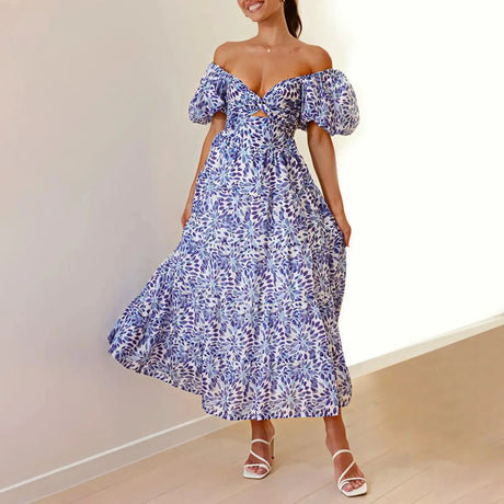 Summer V Neck Cutout Floral Print Dresses Elegant Women Puff Short Sleeve Casual Dress Pleated Waisted Swing Beach Long Dress - Lootquake