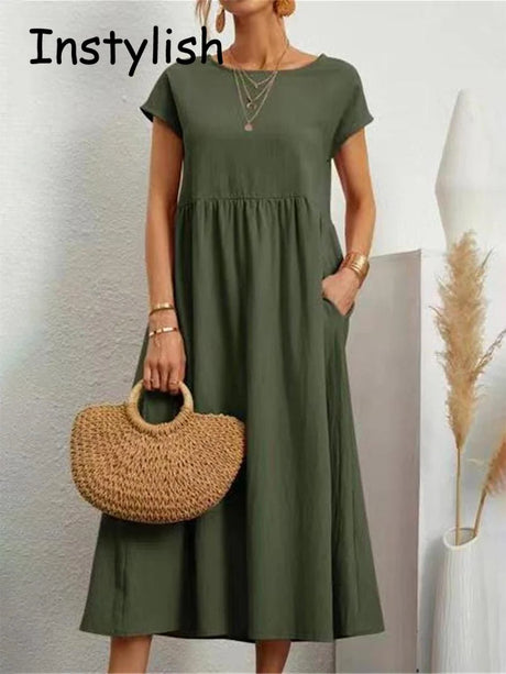 Women Elegant Solid Maxi Dress Summer Short Sleeve O Neck Vintage Harajuku Cotton Linen Loose Sundress Y2K Pockets Long Dress - Lootquake