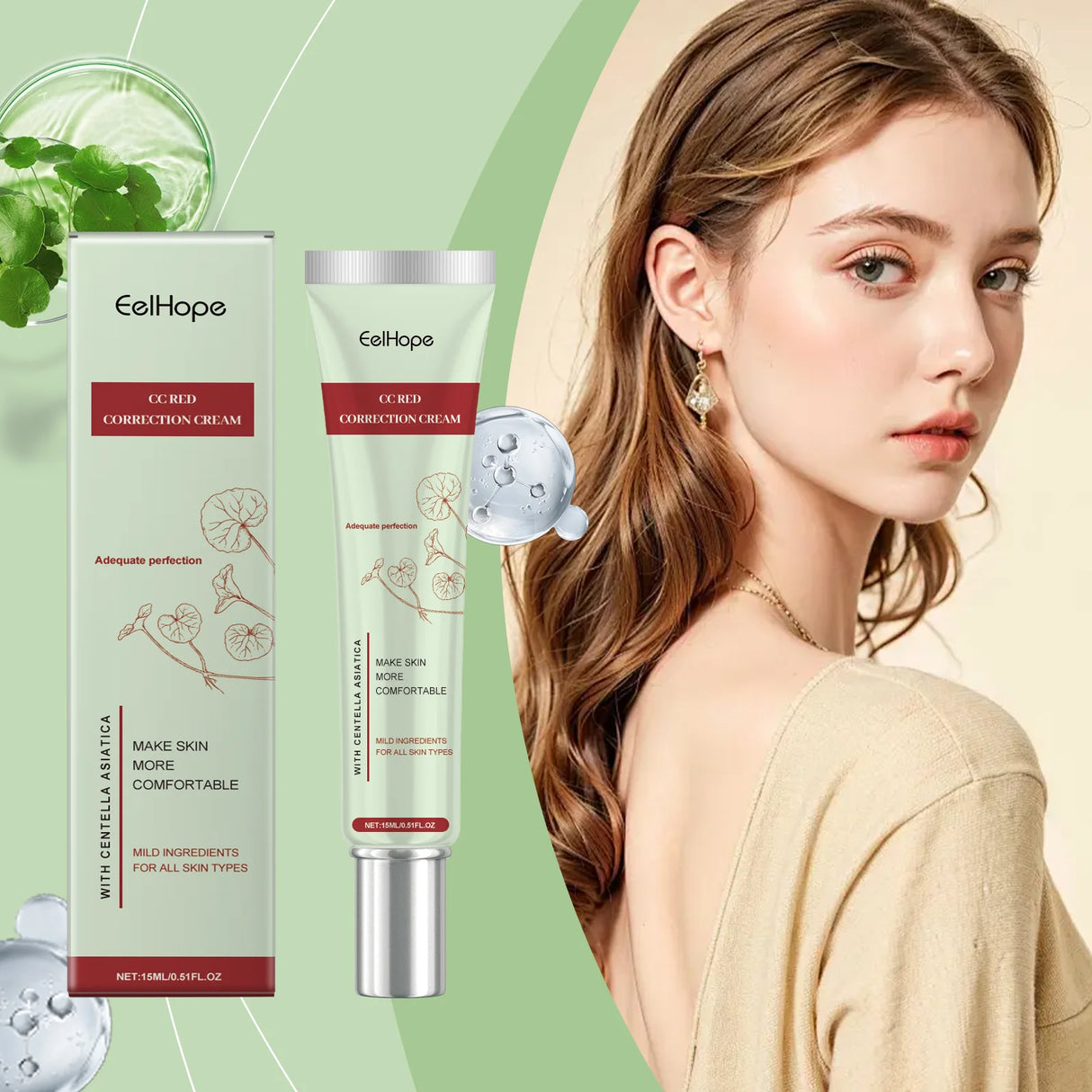 Crema CC Centella Asiática EelHope: Base hidratante y correctora para maquillaje nude, ilumina el cutis e hidrata.