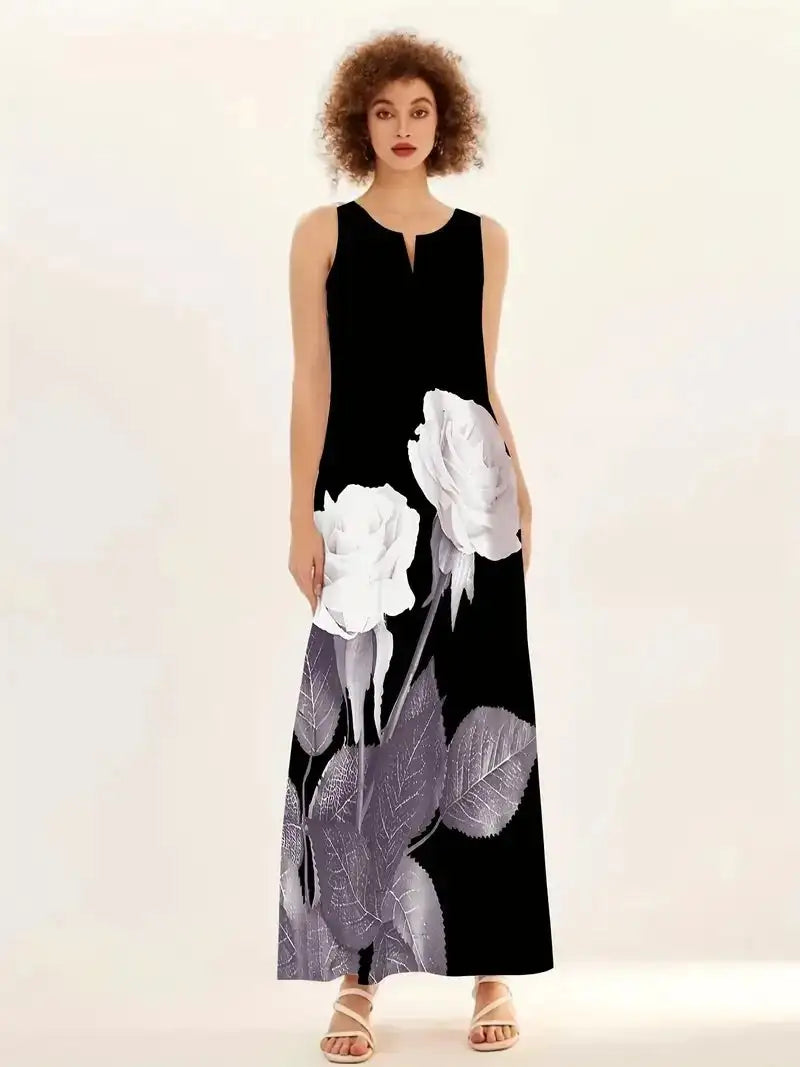 2024 New Summer Women's Sleeveless V-neck Printed Sexy Long Dress for Cross Border Trade in Europe and America - Lootquake