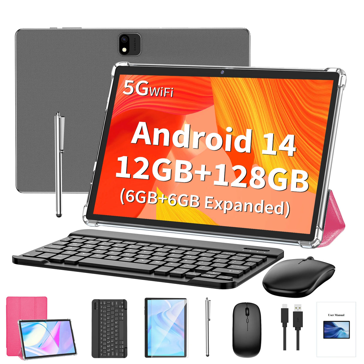 Relndoo Android 14 Tablet 10.1 Inch, 12GB(6+6 Expanded) RAM+128GB ROM, Dual Cameras, BT5.0, WIFI, IPS Display Screen, Type-C