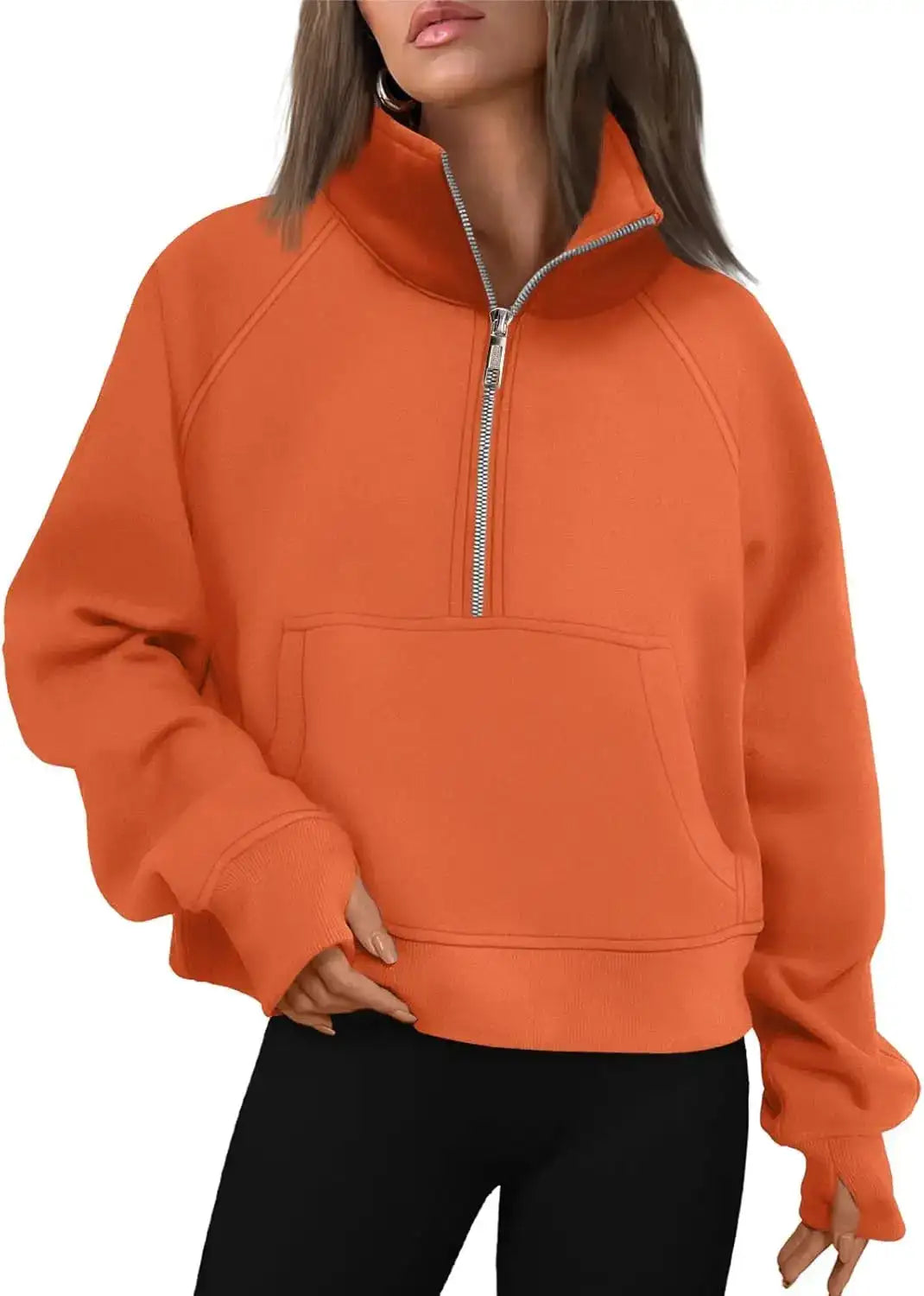 Womens Sweatshirts Half Zip Cropped Pullover Fleece Quarter Zipper Hoodies Fall outfits Clothes Thumb Hole - Lootquake