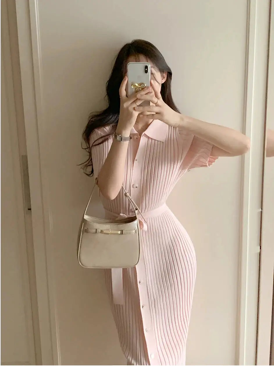 Elegant Summer Sweet Sle Turn-down Collar Single-button Thin Ice Silk Short-sleeve Knitted Long Dress Women's Fashion - Lootquake