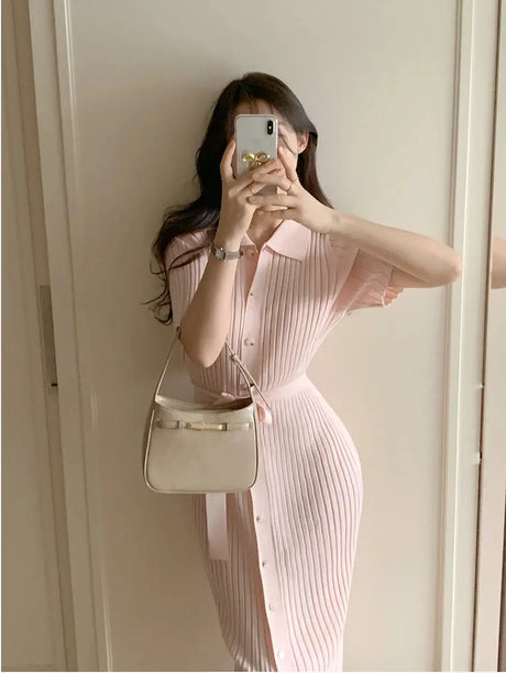 Elegant Summer Sweet Sle Turn-down Collar Single-button Thin Ice Silk Short-sleeve Knitted Long Dress Women's Fashion - Lootquake
