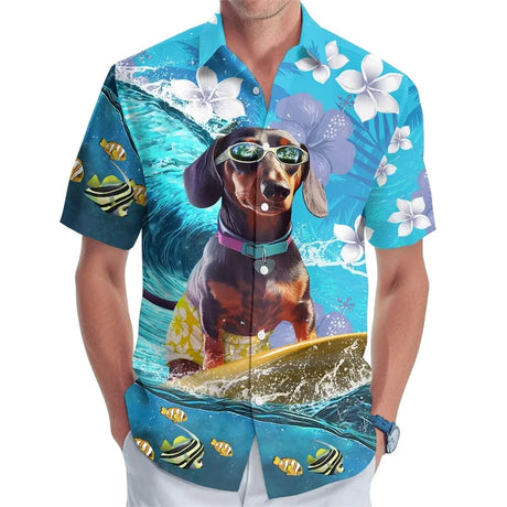 3D Full Print Hawaiian Dachshund Graphic Shirt For Men Summer Casual Button Up Surfing Beach Shirts Blusas Mens Oversize Tee Top - Lootquake