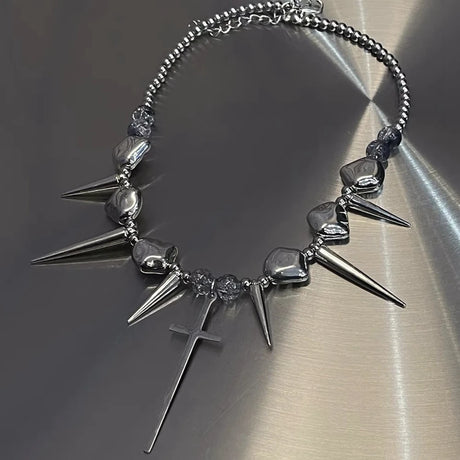 Retro Y2K Long Spike Rivet Necklace Stainless Steel Cross Hip Hop Necklace for Women Vintage Grunge Style Party Jewelry - Lootquake
