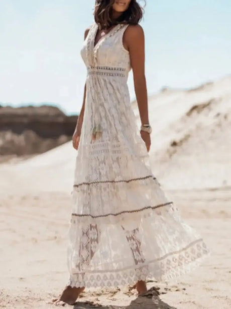 Boho Long Dress Women Summer Lace V Neck Flare Sleeve Sexy Maxi Dress Lady Holiday Party Beach Wedding Dresses Vestidos De Mujer - Lootquake
