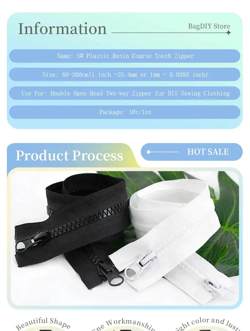 1Pc Meetee 60-300cm 5# Resin Zippers Black White Double Slider Open-End Zips for Sewing Coat Tent Zipper Closure DIY Accessories - Lootquake