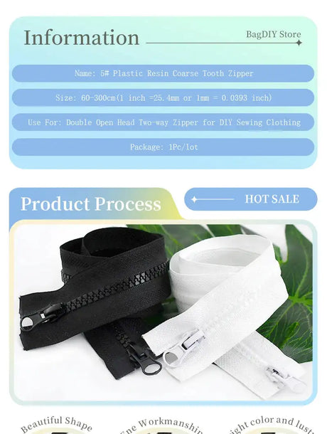1Pc Meetee 60-300cm 5# Resin Zippers Black White Double Slider Open-End Zips for Sewing Coat Tent Zipper Closure DIY Accessories - Lootquake