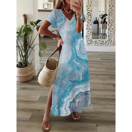 2024 Vintage Floral Elegant Maxi Dress For Women Summer Fashion V Neck Short Sleeve Split Boho Long Dress Party Beach Dresses - Lootquake
